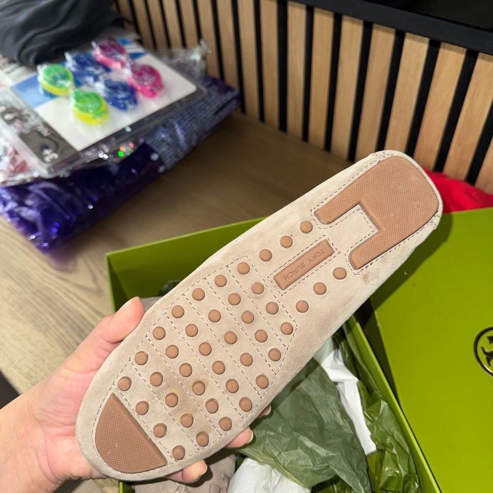Tory Burch Kids Taupe Suede Logo Moccasins - Picture 3 of 4